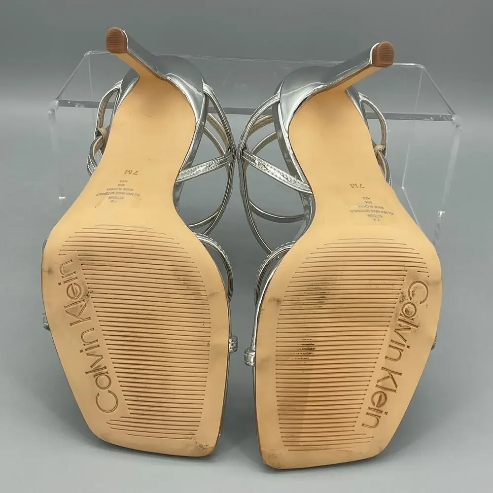 Calvin Klein Women’s Tegin Strappy High Stiletto Dress Sandals Silver Size 7M